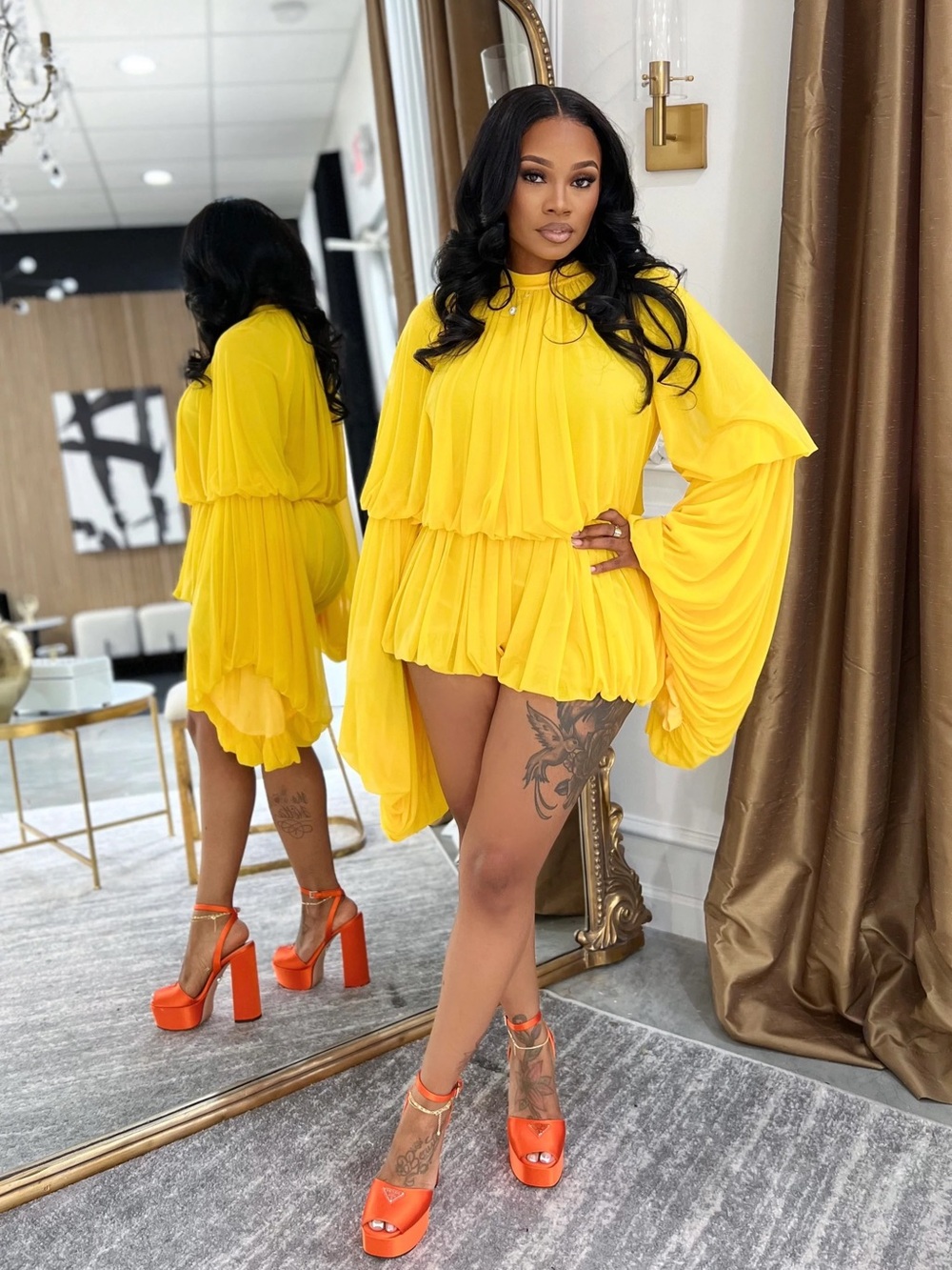 2PCs Pleated Balloon Shorts Set with Dramatic Sleeves